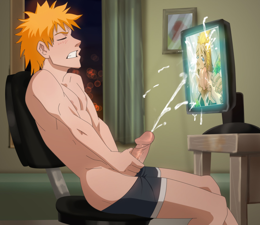 1boy anma bleach computer cum cum_on_screen final_fantasy_viii ichigo_kurosaki male male_only masturbation orgasm_face sitting solo solo_male underwear underwear_down underwear_only watching_porn yaoi zell_dincht