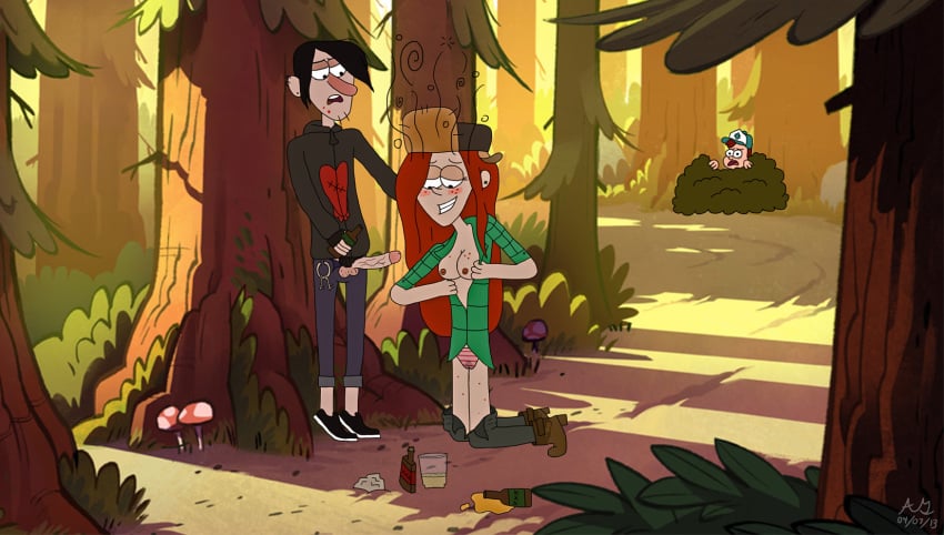 ashton28 boots bottomwear breasts clothing dipper_pines disney disney_channel drunk fellatio female flannel footwear gravity_falls hair hat headwear hidden hide jeans light_skin oral original panty penis red_hair robbie_valentino spying straight_hair ushanka voyeur wendy_corduroy wet woods