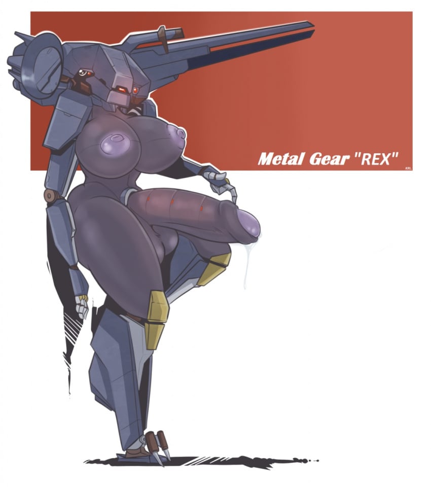 anthro balls big_balls big_breasts big_penis bodily_fluids breasts faceless_forefront foreskin futanari genital_fluids genitals gynomorph hi_res huge_breasts huge_cock humanoid_genitalia humanoid_penis intersex karakylia konami machine metal_gear metal_gear_(robot) metal_gear_rex nipples penis precum railgun ranged_weapon robot solo text video_games weapon