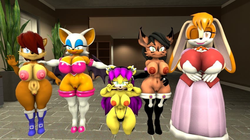 3d 3d_model 5girls anthro archie_comics bat black_markings breasts brown_body chipmunk chiropteran ear_piercing female head_markings lynx markings mina_mongoose mobian mobian_(species) mobian_bat mongoose nicole_the_lynx nipples orange_hair piercing prime91 purple_hair rabbit red_hair rouge_the_bat sally_acorn sega sonic_(series) sonic_adventure_2 sonic_the_hedgehog_(series) vanilla_the_rabbit waving yellow_body