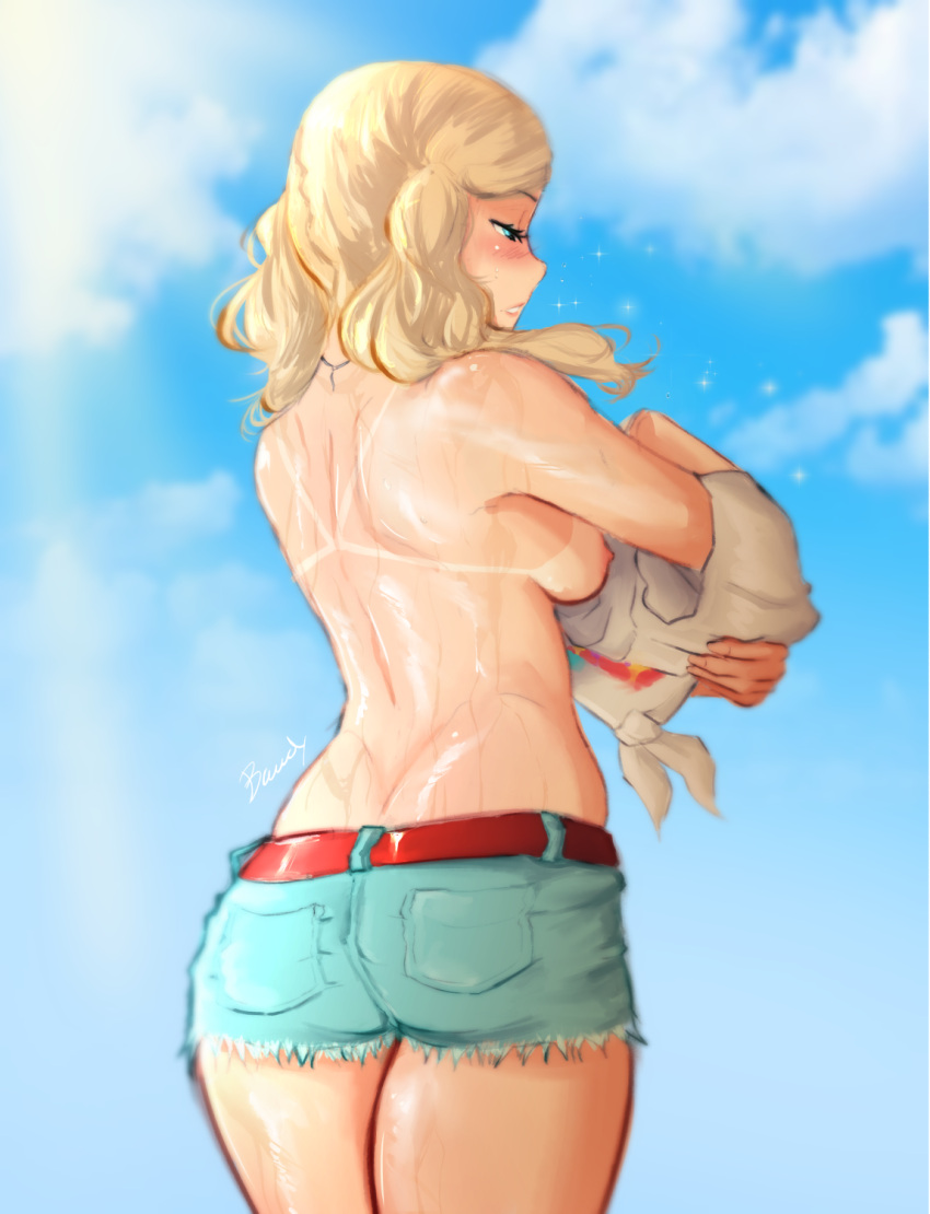 ann_takamaki back_view backboob bawdy blonde_hair breasts cutoffs nipples persona persona_5 shorts sweat tagme tanline undressing