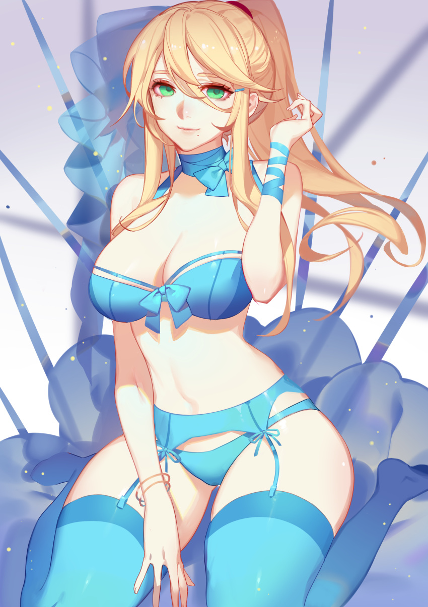 1girls blonde_hair blue_bra blue_garter_belt blue_lingerie blue_panties blue_socks blue_thighhighs bow_bra bra bracelets breasts female garter_belt garter_straps green_eyes hairclip highres human kneeling kyomon large_breasts lingerie looking_at_viewer metroid midriff mole_under_mouth navel nintendo panties ponytail samus_aran socks solo songjikyo thigh_socks thighhighs