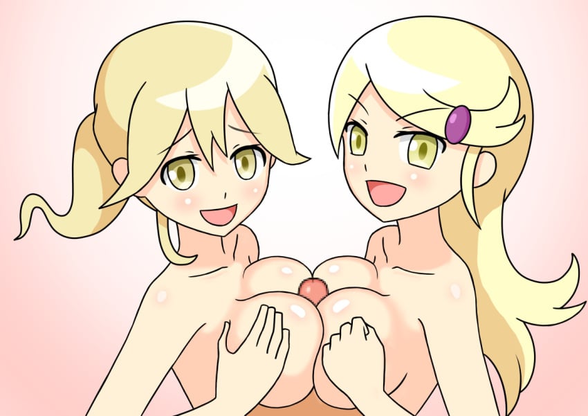 1boy 2girls ace_trainer_(pokemon) ace_trainer_(pokemon_xy) artist_request astrid_(pokemon) blonde_hair breasts double_paizuri female female_focus ffm_threesome lass_(pokemon) lass_(pokemon_xy) nintendo npc_trainer outercourse paizuri penis pokemon pokemon_xy yellow_eyes yellow_hair