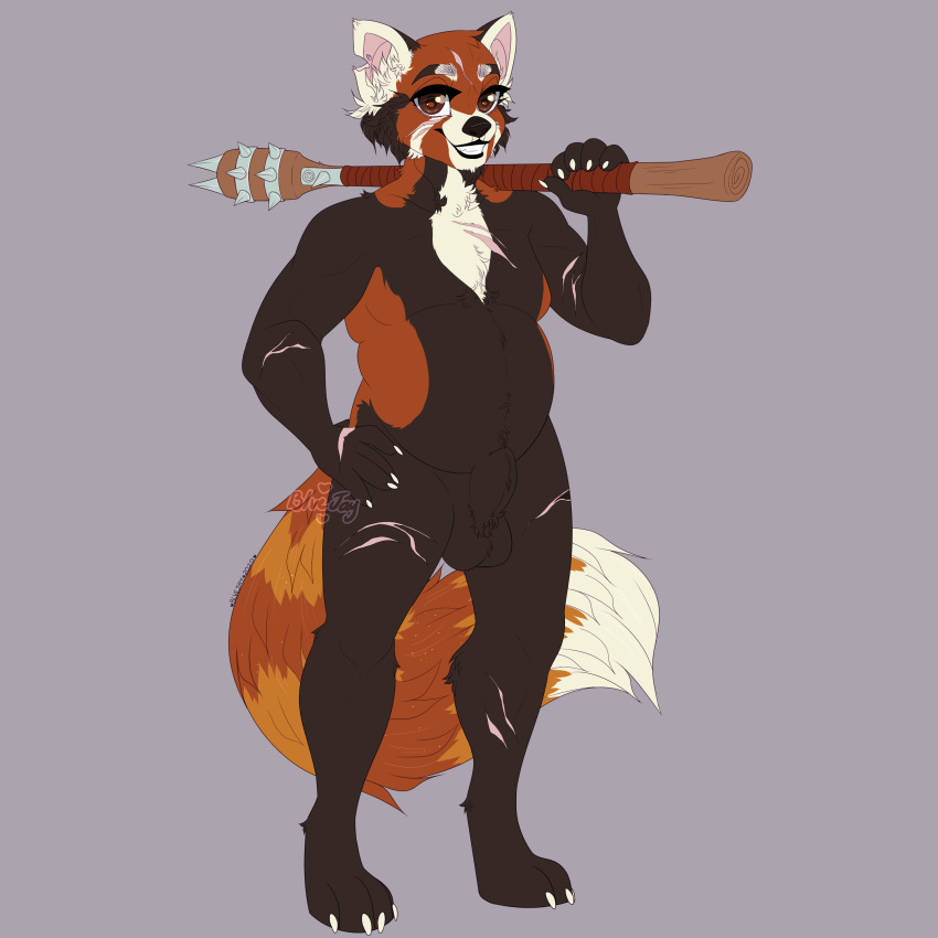 1:1 absurd_res ailurid animal_genitalia anthro balls blvejay detailed fluffy fluffy_tail genitals grin hand_on_hip happy hi_res looking_at_viewer mace male mammal melee_weapon muscular muscular_anthro muscular_male nude red_panda scar sheath simple_background slightly_chubby smile solo weapon