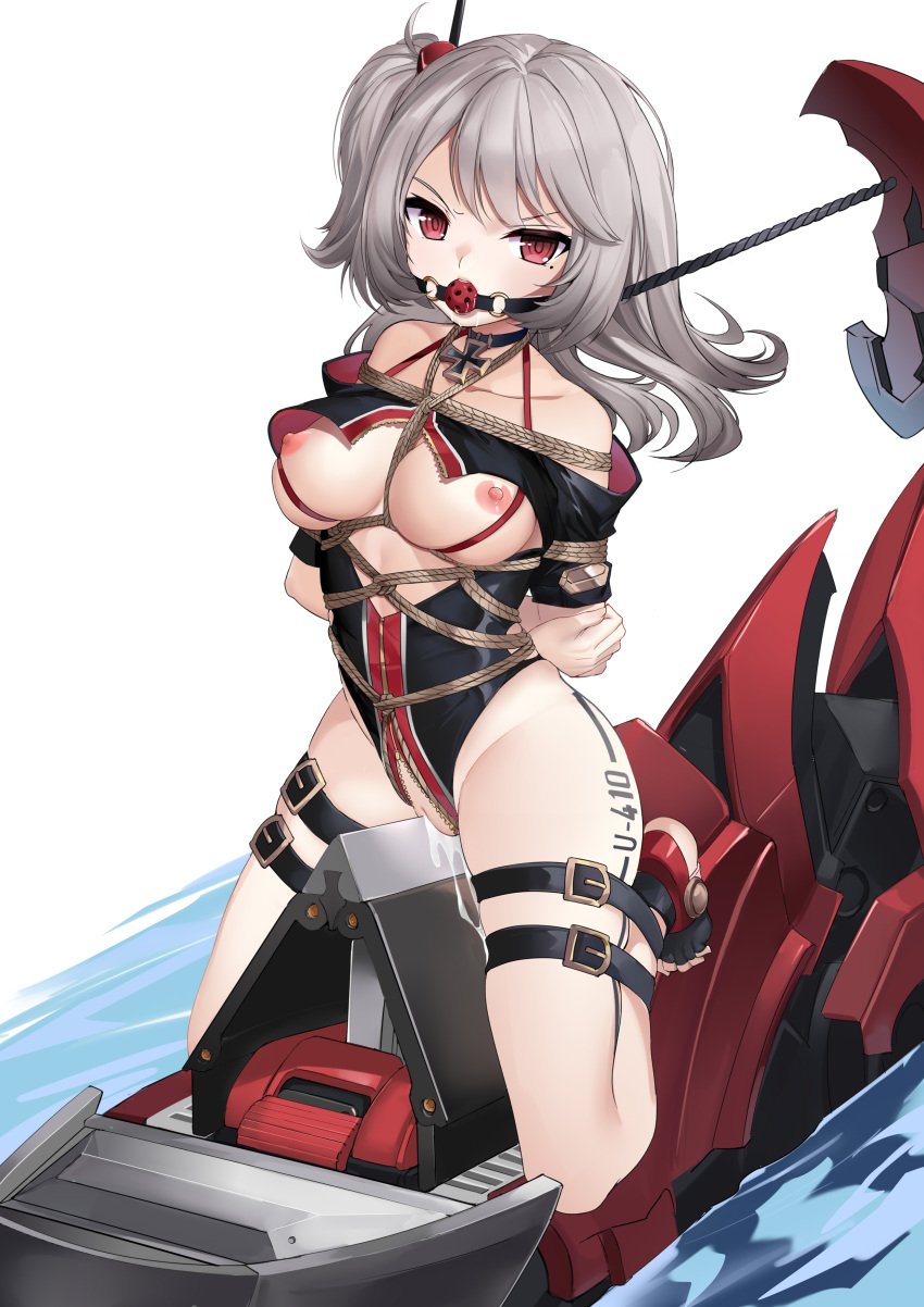 1girls absurdres arms_behind_back arms_tied_behind_back azur_lane ball_gag bare_shoulders bdsm belt belt_bondage black_choker black_one-piece_swimsuit black_swimsuit bondage bound breasts character_name choker crotch_zipper female gag gagged grey_hair guangmi highres iron_cross large_breasts legs_tied long_hair looking_at_viewer mechanical_animal medium_breasts mole_under_eye nipples one-piece_swimsuit pussy_juice red_eyes restrained robot robot_animal rope rope_between_breasts rope_bondage shark shibari shibari_over_clothes short_hair side_ponytail simple_background swimsuit tattoo tattoo_on_leg thigh_strap tied_up u-410_(azur_lane) water white_background wooden_horse zipper