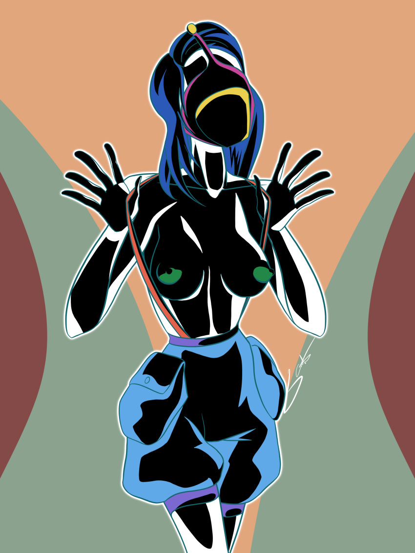 bare_shoulders big_breasts blue_hair female female_only green_nipples guessuhhhh mask masked masked_female oc original original_character presenting skinny skinny_girl