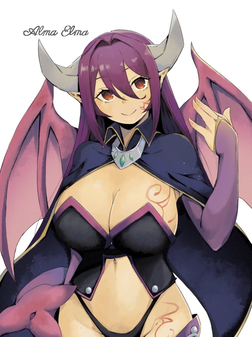 alma_elma bat_wings big_breasts bustier cape cleavage corset demon_girl demon_wings english_text female fingerless_gloves horns long_gloves looking_at_viewer mon-musu_quest! monster_girl monster_girl_quest navel open_jacket pointy_ears purple_hair red_eyes solo succubus succubus_costume succubus_horns succubus_queen succubus_tail succubus_wings tail tattoo thick thick_thighs thong tottori0527 voluptuous wings