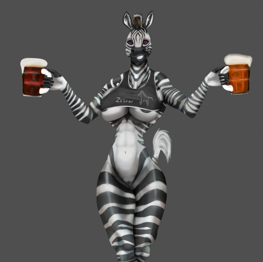 anthro big_breasts black_nipples breasts clothed clothing equid equine female genitals hi_res looking_at_viewer mammal nipples partially_clothed pink_eyes pussy simple_background solo striped_body stripes zebra zebrov