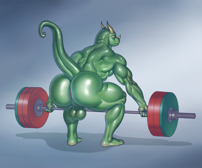 1boy 2020 anthro anus ass back_muscles backsack balls barbell big_ass big_butt big_muscles bubble_ass bubble_butt deadlift dinosaur exercise genitals hi_res horn huge_ass huge_butt looking_at_viewer looking_back looking_back_at_viewer lytta_the_bug male male_only muscular muscular_anthro muscular_male naked nude perineum reptile scalie solo thick_thighs triceps weightlifting workout