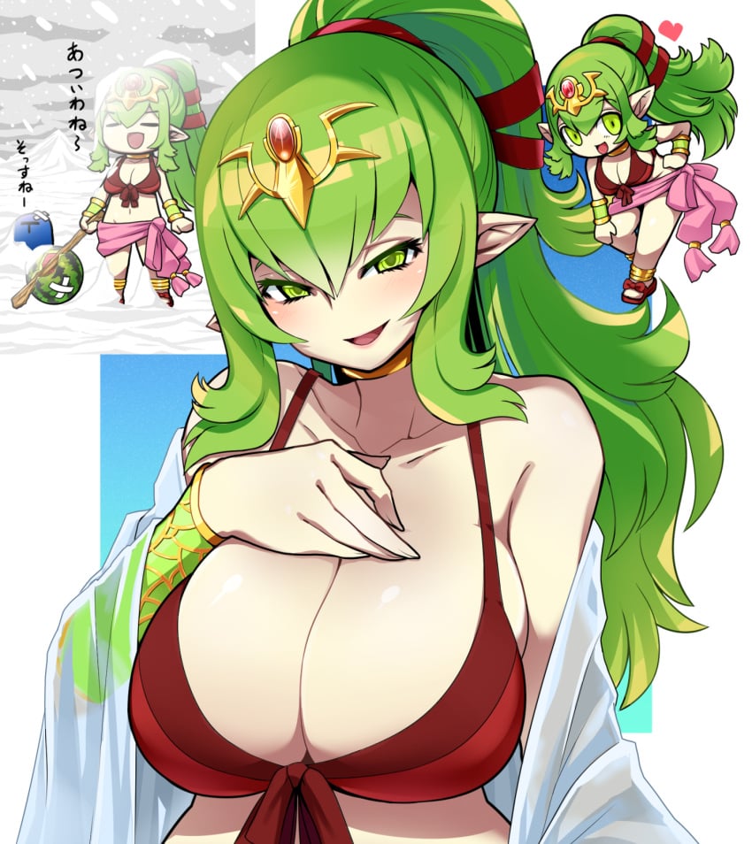 1girls alternate_breast_size alternate_costume bangs big_breasts bikini blush breasts chibi chibi_inset cleavage collarbone deep_cleavage eyebrows_behind_hair female female_focus fire_emblem fire_emblem_awakening fire_emblem_heroes food fruit green_eyes green_hair hair_behind_ear hand_on_breast hand_on_own_chest hand_on_own_knee heart highres huge_breasts japanese_text jewelry kara_age leaning_forward looking_at_viewer manakete navel nintendo official_alternate_costume open_mouth open_smile pointy_ears ponytail red_bikini red_swimsuit sandals seaside smile snowing solo swimsuit text tiki_(adult)_(fire_emblem) tiki_(adult)_(summer)_(fire_emblem) tiki_(fire_emblem) translation_request watermelon