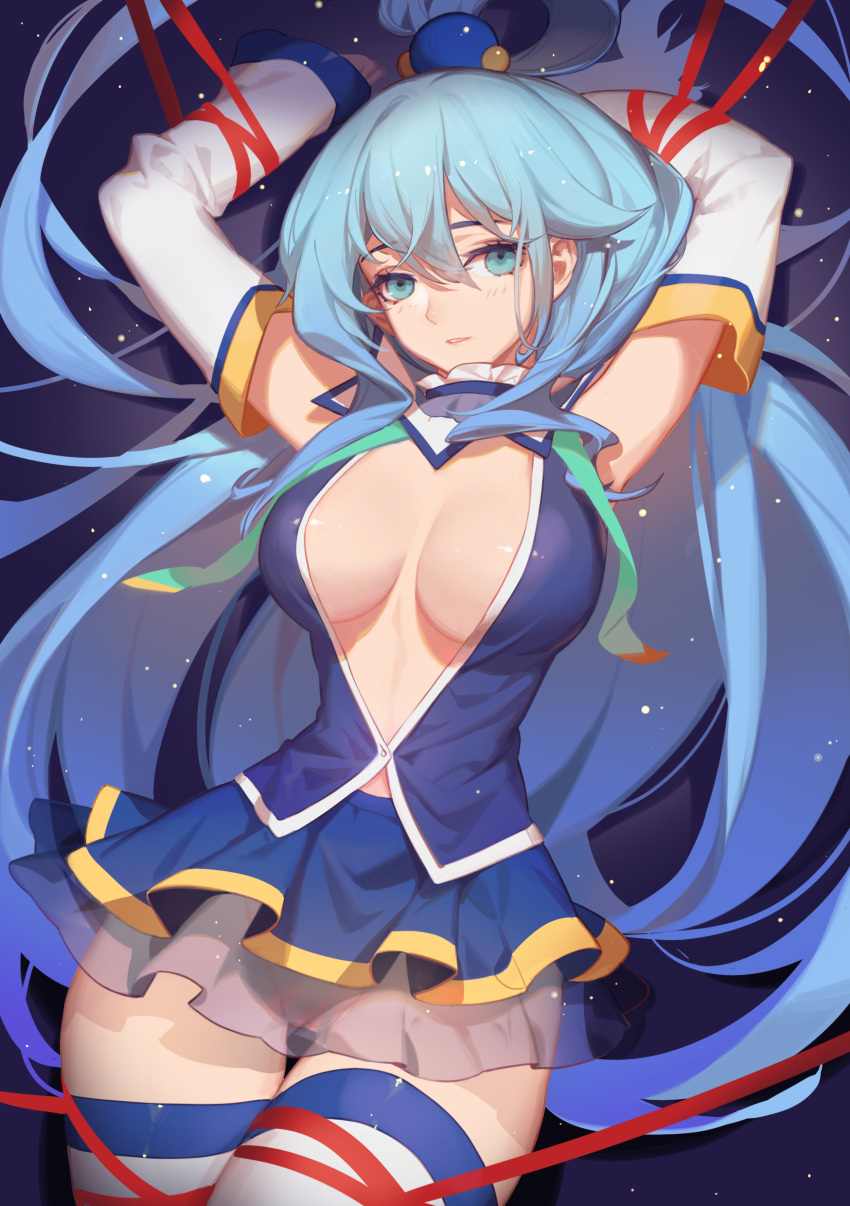 1girls aqua_(konosuba) blue_eyes blue_hair breasts female female_only kono_subarashii_sekai_ni_shukufuku_wo! leggings long_hair skirt solo songjikyo