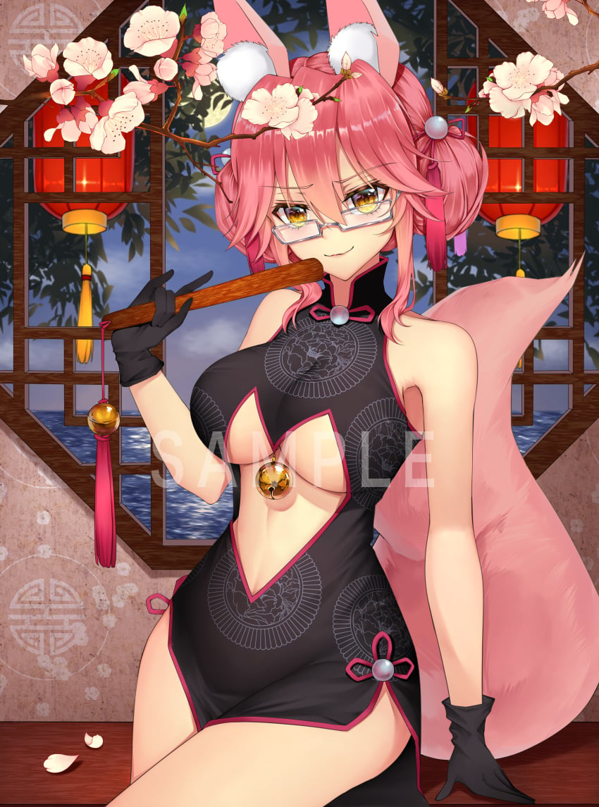 absurdres animal_ear_fluff animal_ears bare_shoulders bell black_gloves branch breasts center_opening china_dress chinese_clothes choker cloud_(cloud-v-) double_bun dress eyebrows_visible_through_hair fan fate/grand_order fate_(series) female flower folding_fan fox_ears fox_girl fox_tail full_moon glasses gloves highres koyanskaya_(chinese_lostbelt_outfit) koyanskaya_(fate) large_breasts looking_at_viewer magnolia moon ocean petals pink_flower pink_hair ribbon_choker sample solo tail tree tree_branch underboob white-framed_eyewear yellow_eyes