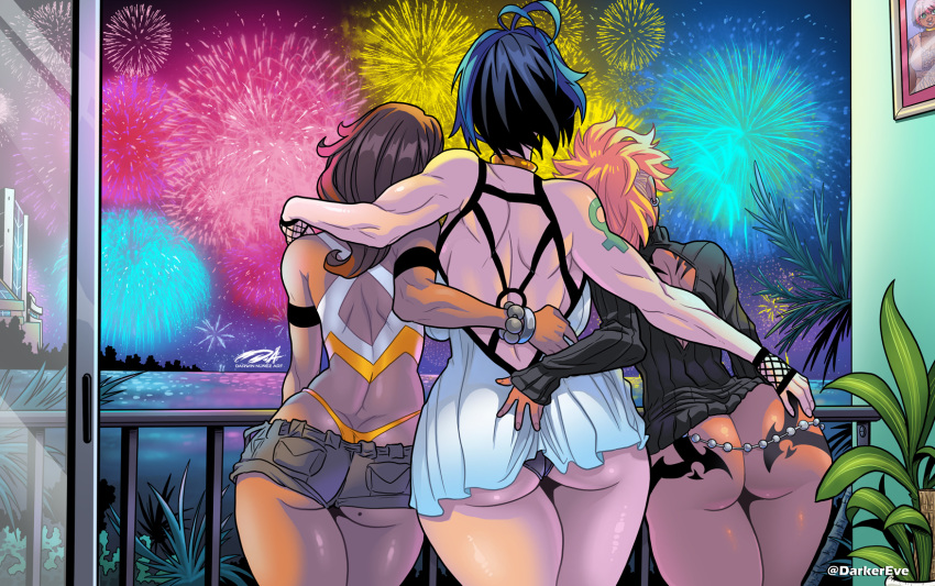 3girls ass_cleavage blonde_hair blue_hair brown_hair butt_crack darkereve dat_ass fireworks from_behind group_hug jagua_tales joana_dolores maya_diva multiple_girls muscular_back neck_ring new_year new_years_eve no_panties tagme tania_serrata thong watermark