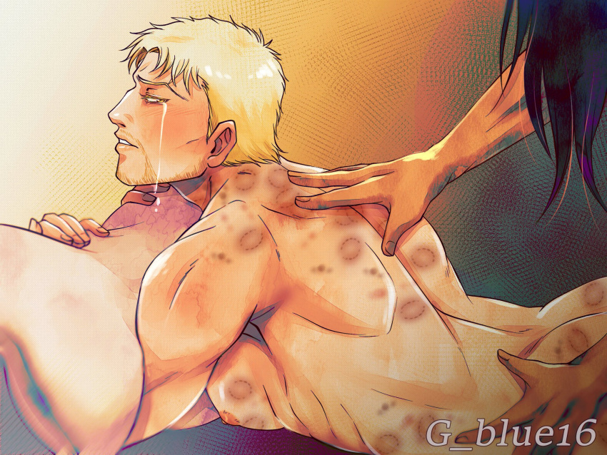 2boys artist_name attack_on_titan back_muscles bare_back bare_shoulders bite_mark bite_marks blonde_hair eren_jaeger facial_hair gay hand_on_back hickey male male/male male_only multiple_males muscles muscular muscular_male on_stomach pillow pillow_grab reiner_braun scaitblue shingeki_no_kyojin solo_focus tears yaoi