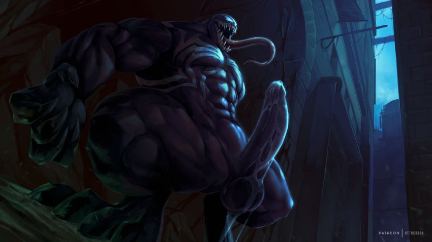 1boy abs balls biceps excessive_precum from_below goo huge_cock kuron long_tongue male_only marvel metokuron monster_boy muscular_male muscular_thighs open_mouth penis precum precum_drip solo spread_legs squatting symbiote testicles venom venom_(marvel)