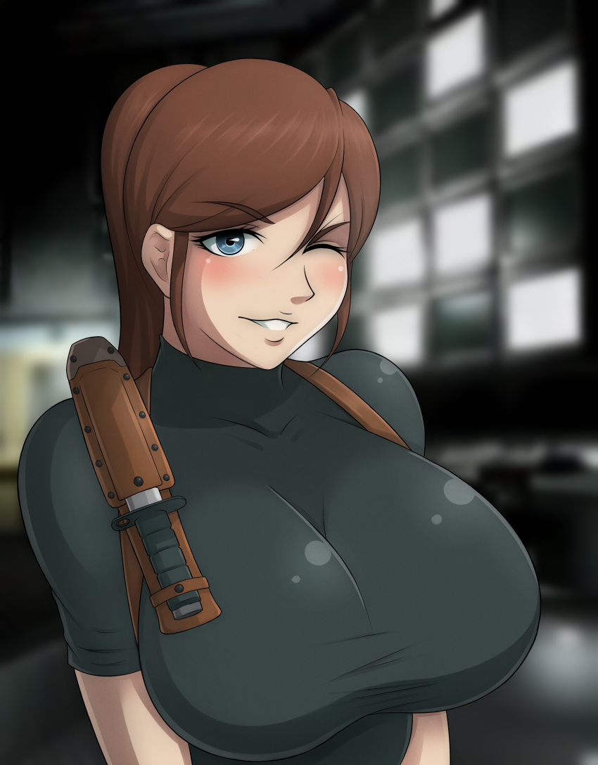 big_breasts blue_eyes brown_hair claire_redfield knife large_breasts leather lettucehead resident_evil resident_evil_2 smile suggestive wink