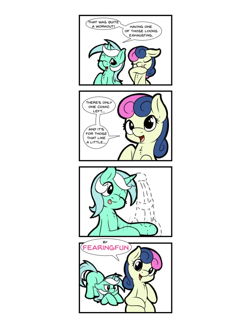 absurd_res animal_genitalia animal_penis bonbon_(mlp) comic dialogue duo english_text equid equine equine_penis fearingfun female feral friendship_is_magic genitals green_body hasbro hi_res horn lyra_heartstrings_(mlp) mammal my_little_pony penis simple_background text unicorn white_background