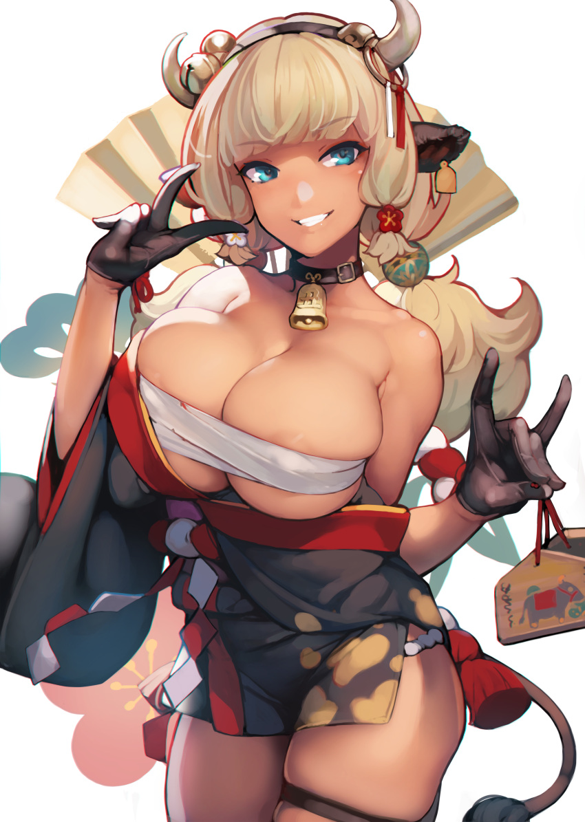 areola_slip areolae ataruman big_breasts blonde_hair blue_eyes breasts breasts_out_of_clothes collar covered_nipples cowbell dark_skin fanbox_reward gloves highres hips horns kimono original ox smiling tail