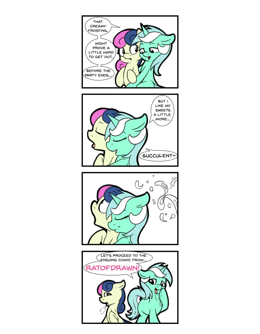 absurd_res bodily_fluids bonbon_(mlp) comic dialogue english_text equid equine fearingfun female female/female feral friendship_is_magic genital_fluids green_body hasbro hi_res horn lyra_heartstrings_(mlp) mammal my_little_pony pussy_juice simple_background text unicorn white_background yuri