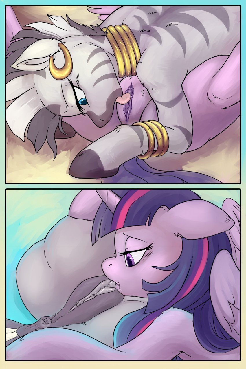 2:3 absurd_res alicorn anus comic cunnilingus duo equid equine female female/female feral friendship_is_magic genitals hasbro hi_res hobbes_maxwell horn licking mammal my_little_pony oral purple_body pussy sex tongue tongue_out twilight_sparkle_(mlp) vaginal_penetration wings yuri zebra zecora_(mlp)