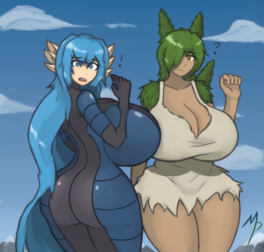 ! 2girls ? big_breasts blue_hair bodysuit breasts cleavage green_hair huge_breasts magnaprospekt prima_(corruptking) tagme thick thick_ass thick_thighs tight_clothing troll troll_female ure_(corruptking)