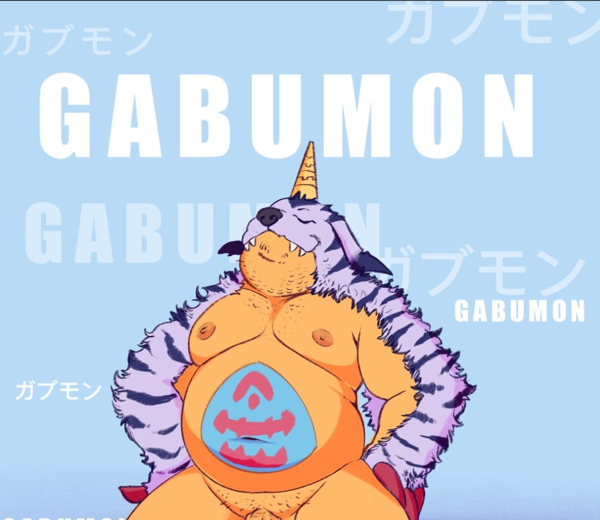 1boy 2021 anthro belly burrserk closed_eyes digimon digimon_(species) gabumon genitals hi_res male male_only moobs navel nipples overweight overweight_anthro overweight_male penis solo text