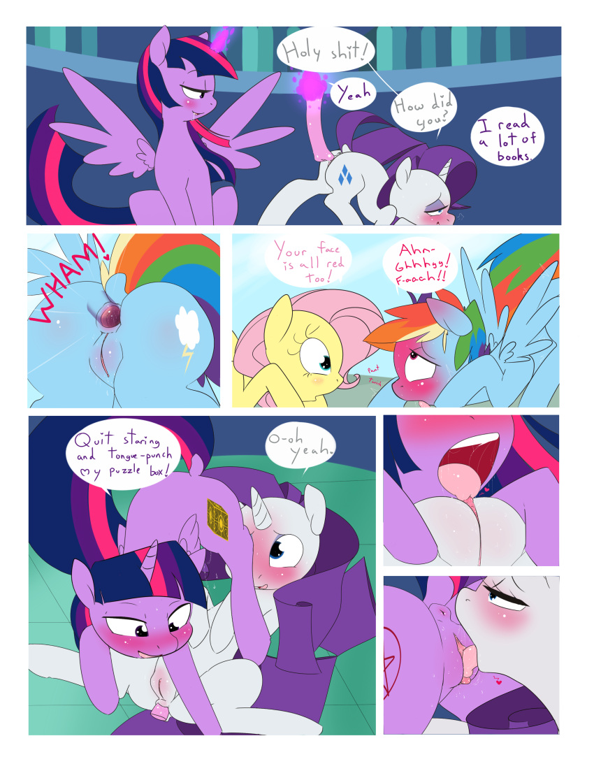 absurd_res alicorn anal anal_sex anus ass ass_up big_butt comic cunnilingus dialogue dildo english_text equid equine female female/female feral fluttershy_(mlp) friendship_is_magic genitals hasbro hi_res horn kryptchild looking_pleasured mammal my_little_pony oral pegasus penetration profanity purple_body pussy rainbow_dash_(mlp) rarity_(mlp) sex sex_toy shared_senses text twilight_sparkle_(mlp) unicorn vaginal_penetration white_body wings yuri