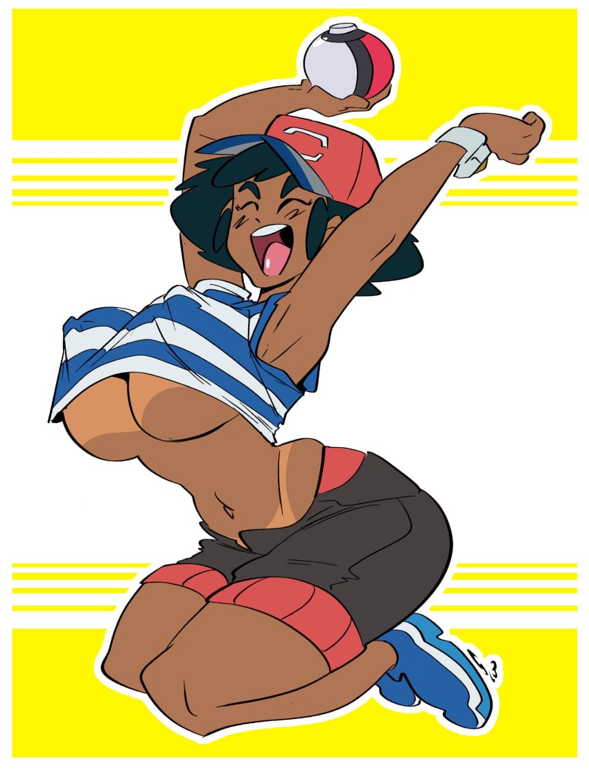 1girls big_breasts dark-skinned_female dark_skin female female_focus game_freak genderbent nintendo nipple_bulge nipples pokemon pokemon_sm rule_63 satoshi_(pokemon) slb tan tan_lines tan_skin tanline tanned tanned_skin thighs