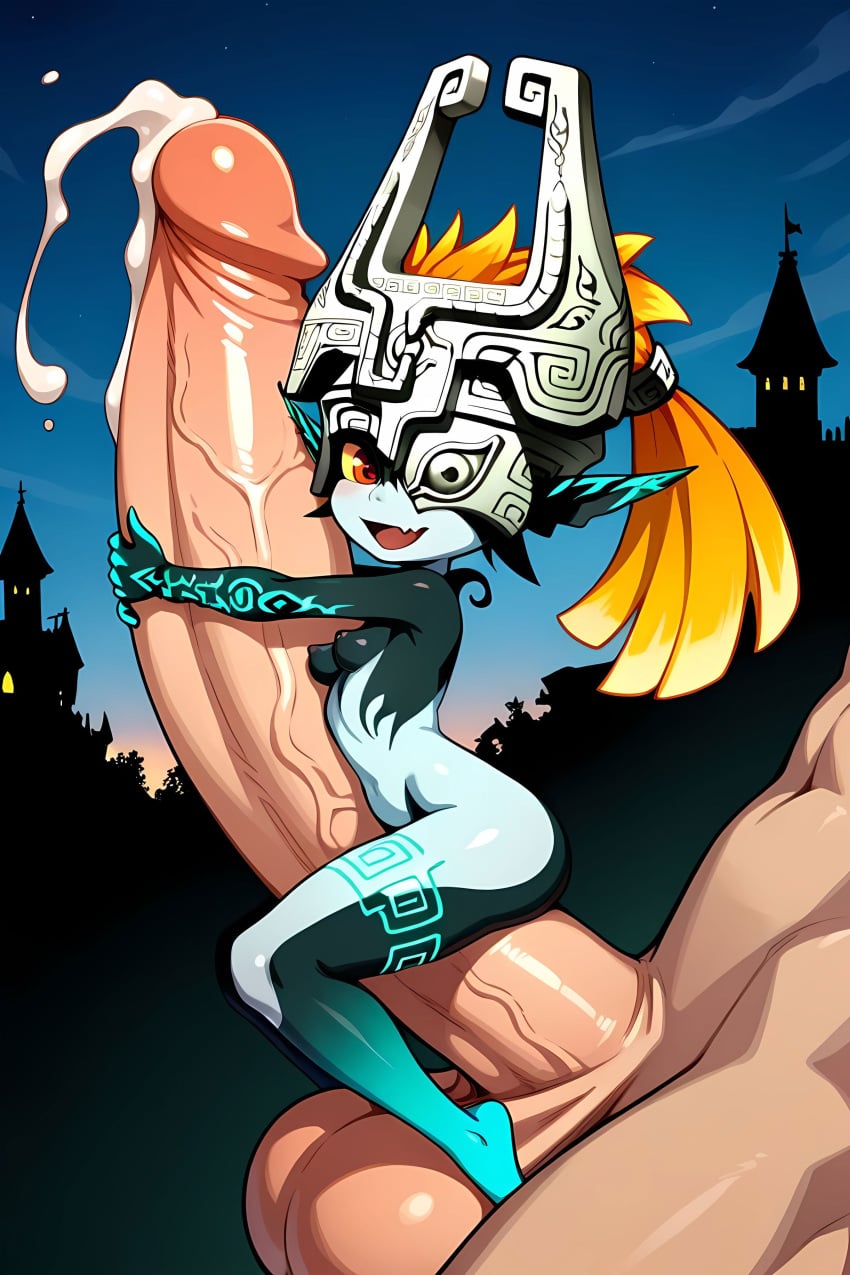 1boy1girl ai_generated huge_cock hugging_penis imp_midna micro_on_macro midna pinku.ai precum size_difference smaller_female testicles the_legend_of_zelda the_legend_of_zelda:_twilight_princess