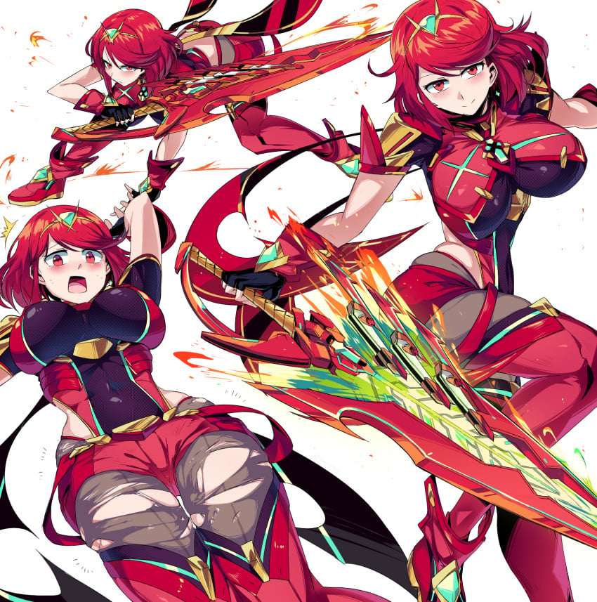 1girls clothed female_only fire horny multiple_positions nintendo only_female pyra red_eyes red_hair redhead ripped_stockings short_red_hair short_shorts super_smash_bros. suzusiigasuki sword tagme xenoblade_(series) xenoblade_chronicles_2