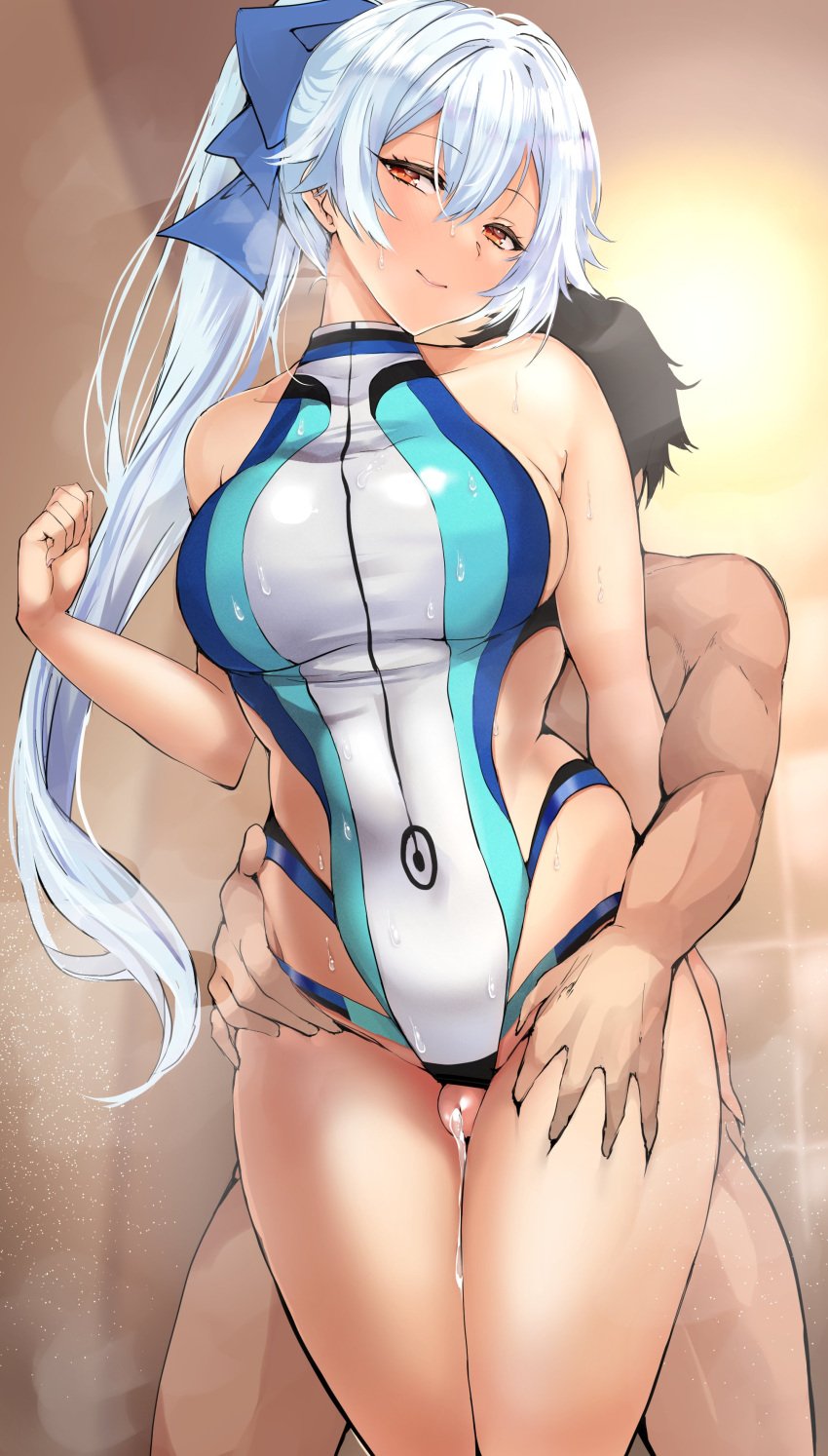 1boy absurdres agetama bangs bare_shoulders black_hair blue_swimsuit blush breasts clothed_female_nude_male commentary_request cowboy_shot cum cum_on_body cumdrip eyebrows_visible_through_hair fate/grand_order fate_(series) female fujimaru_ritsuka_(male) grinding hair_between_eyes head_tilt highleg highleg_swimsuit highres hip_grab large_breasts long_hair looking_at_viewer medium_breasts multicolored multicolored_clothes multicolored_swimsuit nude one-piece_swimsuit penis ponytail red_eyes short_sleeves sideboob silver_hair skindentation smile solo_focus swimsuit thigh_grab thigh_sex tomoe_gozen_(fate) tomoe_gozen_(swimsuit_saber) two-tone_swimsuit uncensored wet white_swimsuit