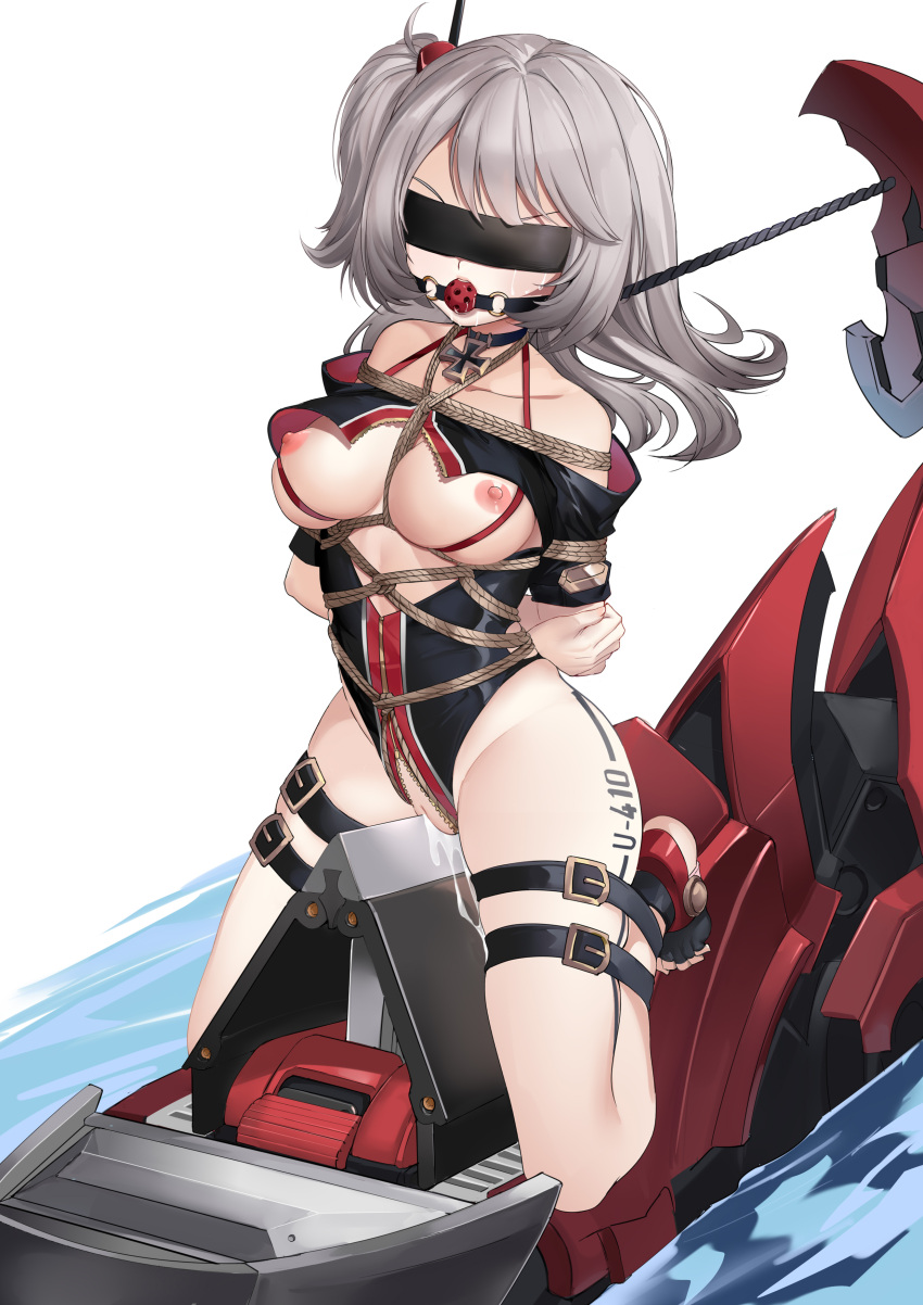 absurdres arms_behind_back azur_lane bare_shoulders black_choker black_swimsuit blindfold bondage bondage bondage bound breasts character_name choker female gag grey_hair guangmi highres iron_cross long_hair looking_at_viewer mechanical_animal medium_breasts nipples one-piece_swimsuit pussy_juice restrained rope shibari_over_clothes simple_background swimsuit thigh_strap tied_up u-410_(azur_lane) water white_background wooden_horse