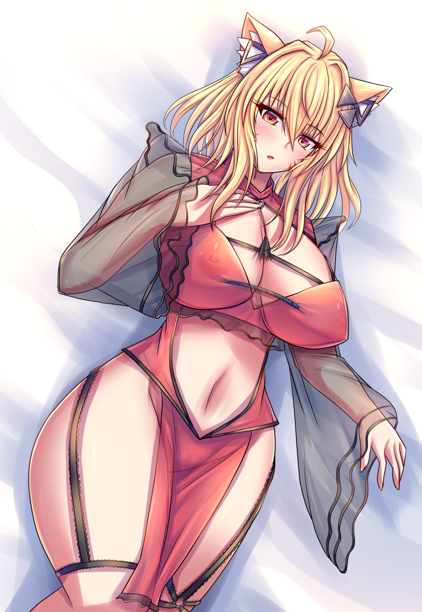 1girl ahoge animal_ear_fluff animal_ears babydoll bangs bed_sheet blonde_hair blush breasts cat_ears catgirl cleavage covered_nipples eyebrows_visible_through_hair female_only garter_belt garter_straps hair_between_eyes hair_ornament large_breasts long_hair long_sleeves looking_at_viewer lying navel on_back parted_lips red_eyes short_hair solo squchan_(vtuber) thighhighs virtual_youtuber volk_(bo-tan) vyugen