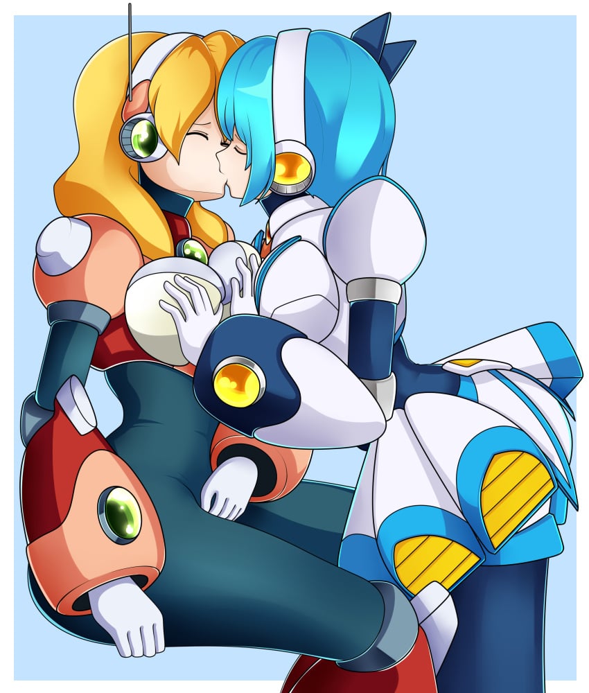 2girls alia android armor blonde_hair blue_eyes blue_hair blush breasts breasts_grab capcom closed_eyes grabbing grabbing_both_breasts grabbing_breasts kissing lluanhyperzero mega_man mega_man_x mega_man_x_dive multiple_girls rico_(mega_man) robot_girl rockman rockman_x short_hair short_shorts yuri