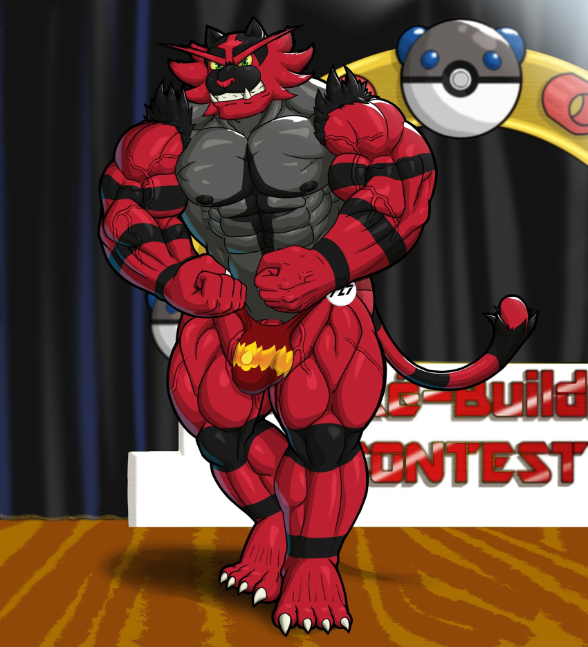 2020 abs anthro barazoku biceps big_muscles bulge clenched_teeth clothing competition flexing hi_res incineroar inside male male_only muscular muscular_anthro muscular_male nanbuskhan nintendo nipples pecs pokémon_(species) pokemon pose quads solo stage standing teeth thong underwear vein veiny_muscles video_games