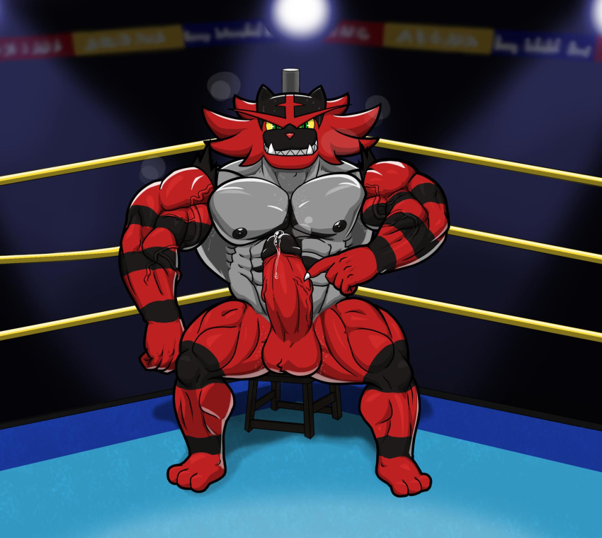 2019 abs anthro balls big_muscles bodily_fluids erection fighting_ring furniture genital_fluids genitals gesture hi_res humanoid_genitalia humanoid_penis incineroar inviting looking_at_viewer male male_only muscular muscular_anthro muscular_male nanbuskhan nintendo nipples nude obliques pecs penis pointing pointing_at_penis pokémon_(species) pokemon precum quads sitting smile solo stool sweat video_games