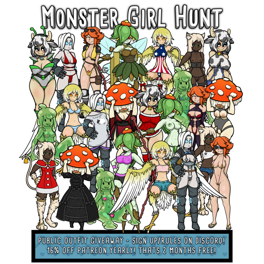 absurdres ad animal_ears armor bikini_armor breasts cat_ears cow_girl crotchless dryad golem harpy highres large_breasts monster_girl monster_girl_hunt mushroom_girl nipple_slip nipples panties pussy pussy_peek red_hair revealing_clothes slime_girl swimsuit thighs tinydevil underwear