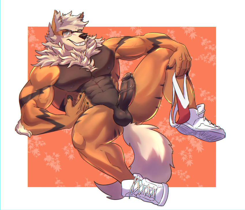 1boy abs absurd_res anthro arcanine balls barkanine bodily_fluids canid canine clothed clothing erection eyewear footwear footwear_only fur genital_fluids genitals glasses hi_res jockstrap male male_only mammal mostly_nude muscular muscular_anthro muscular_male nintendo nipples orange_body penis pokemon pokemon_(species) precum rsotart shoes shoes_only solo striped_body striped_fur stripes topless underwear video_games