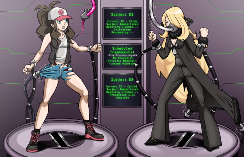 2girls alternate_color cynthia_(pokemon) edit female_only game_freak hilda_(pokemon) liquid_latex mechanical_arm nintendo pokemon pokemon_bw pokemon_dppt re-maker remaker restrained struggling tagme tearing_clothes third-party_edit transformation tube_feeding