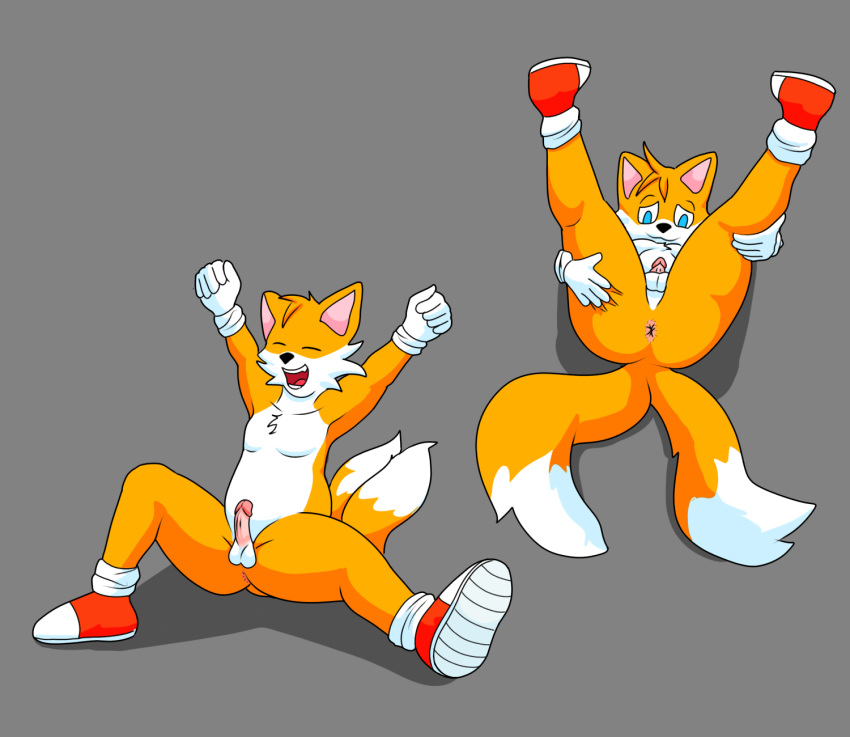 2_tails anthro canid canine clothing excited footwear fox fur genitals gloves handwear hi_res male mammal mobian_(species) multi_tail orange_body orange_fur penis sega shoes slightly_chubby small_penis socks solo sonic_(series) sonic_the_hedgehog_(series) spread_legs spreading tails watersucc white_body white_fur young