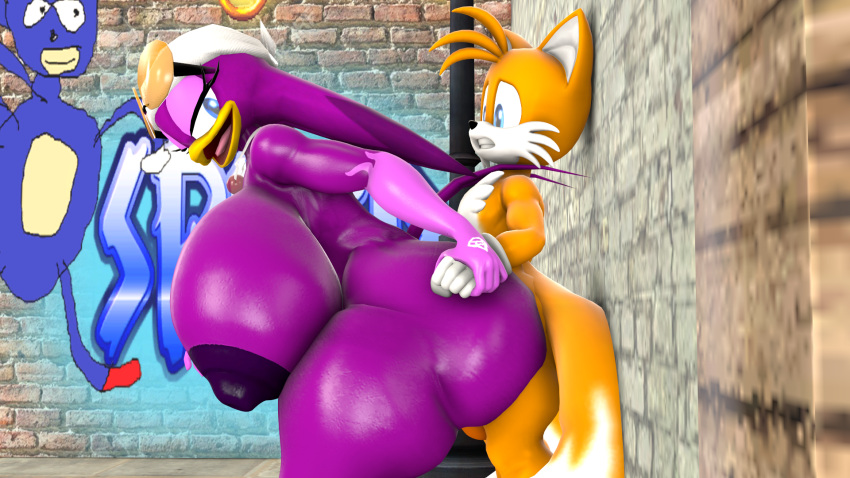 3d avian beak bird blueapple breasts canine doggy_style fox goggle hair larger_female orange_body purple_body purple_nipples sex size_difference smaller_male smile sonic_(series) swallow swallow_(bird) tail_feathers tails tattoo wave_the_swallow