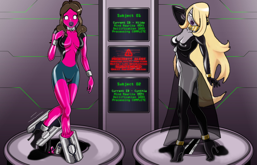 2girls alternate_color cynthia_(pokemon) edit female female_only game_freak hilda_(pokemon) latex liquid_latex multiple_girls nintendo pokemon pokemon_bw pokemon_dppt re-maker remaker round_mouth sex_doll sex_doll_holes sex_doll_transformation tagme third-party_edit transformation warning warning_sign