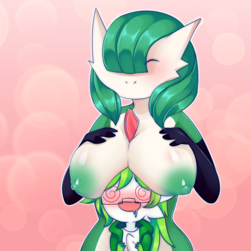 1:1 age_difference anthro big_breasts blush bodily_fluids boob_hat breast_rest breasts chibi closed_eyes clothing drooling duo female gardevoir green_body green_hair green_nipples hair hand_on_breast hi_res hoodie huge_breasts humanoid humanoid_on_humanoid male male/female mature_female nintendo nipples not_furry older_female pink_background pokémon_(species) pokemon pokemon_(species) red_spikes saliva simple_background smile spiral_eyes topwear video_games white_body yamikoneko younger_male