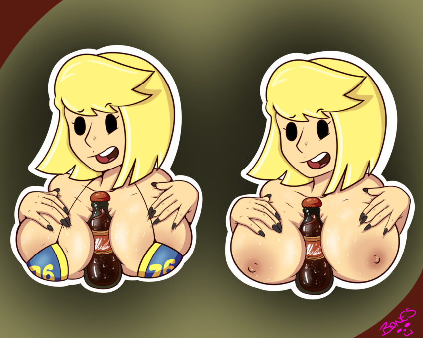 between_breasts big_breasts bigbonesart bikini bikini_top blonde_hair bra fallout fallout_4 fallout_76 huge_breasts mob_face nipples object_between_breasts sweat sweatdrop sweating swimwear topwear vault_76 vault_girl vault_meat wet