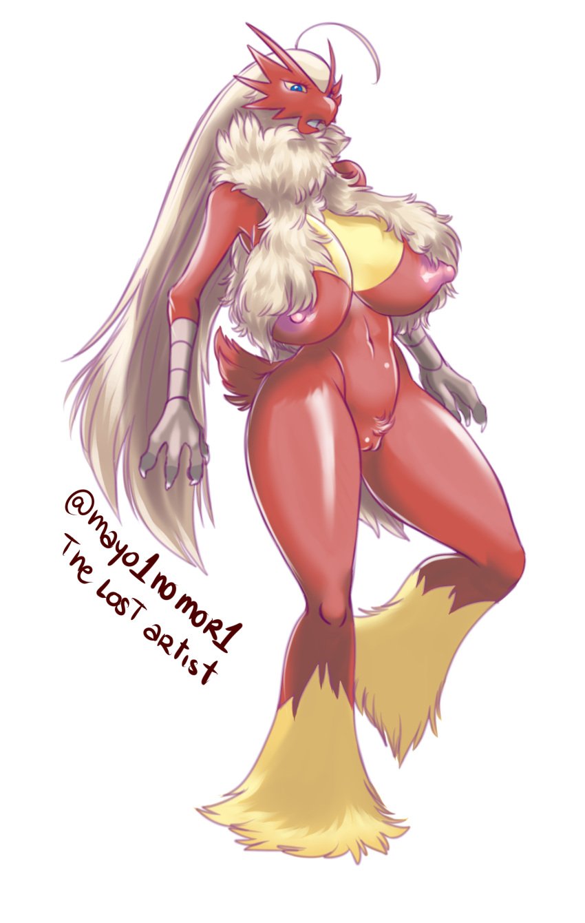 absurd_res anthro big_breasts blaziken breasts chest_tuft female genitals hi_res mayo1nomor1 nintendo nipples nude pokemon pokemon_(species) pubes pussy simple_background solo the_lost_artist tuft video_games white_background wide_hips zacianswords