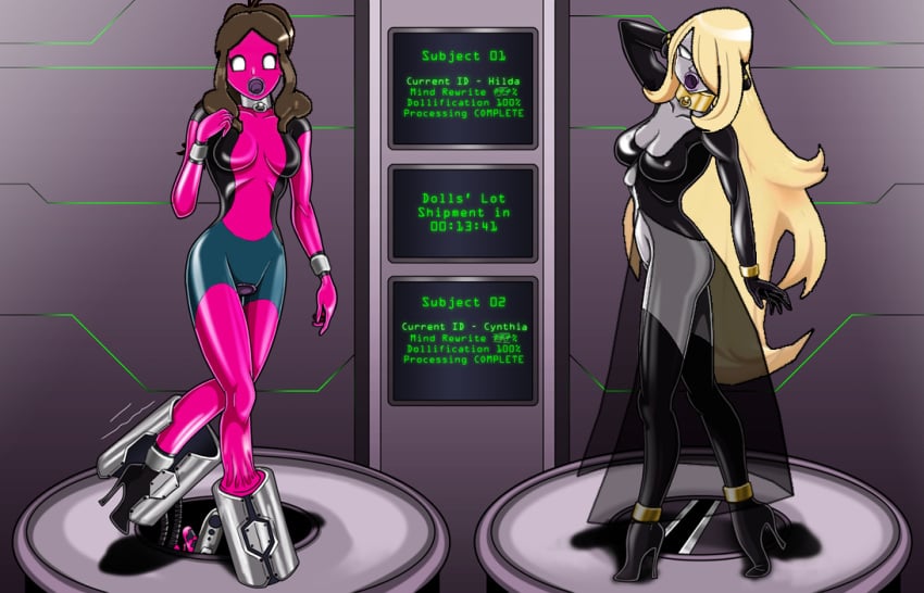 2girls alternate_color cynthia_(pokemon) edit female female_only game_freak hilda_(pokemon) latex liquid_latex multiple_girls nintendo pokemon pokemon_bw pokemon_dppt re-maker remaker round_mouth sex_doll sex_doll_holes sex_doll_transformation tagme third-party_edit transformation