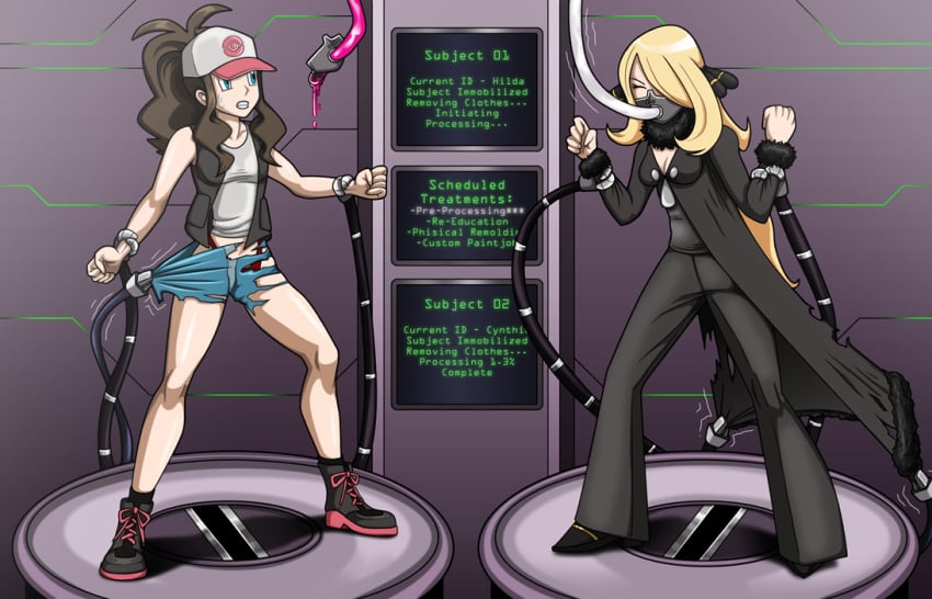 2girls bondage cynthia_(pokemon) female_only game_freak hilda_(pokemon) liquid_latex mechanical_arm nintendo pokemon pokemon_bw pokemon_dppt re-maker remaker restrained struggling tagme tearing_clothes transformation tube_feeding