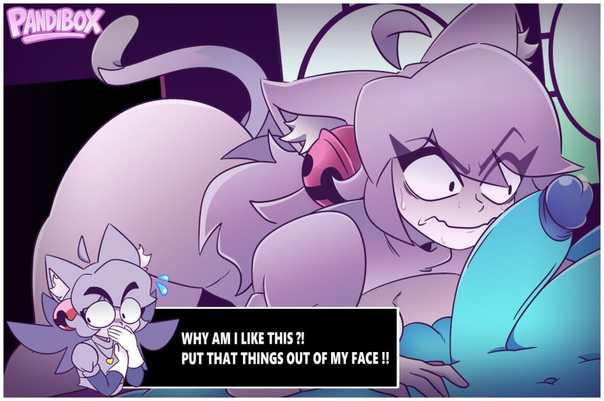 1girls arched_back background big_breasts big_penis black_eyes breasts cat_ears cat_tail catgirl closed_mouth clothing color commission curvy deltarune deltarune_chapter_5 dialogue duo english_text erection eyelashes female female_focus genitals hair irritable_ghost_(deltarune) kris_(deltarune) looking_away mad_mew_mew naked nude open_eyes pandibox partially_clothed penis pink_(deltarune) purple_body purple_hair purple_skin source text twitter_link voluptuous voluptuous_female