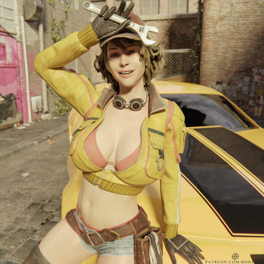 1girls 3d 3d_(artwork) blonde_hair breasts car cindy_aurum cleavage female female_only final_fantasy final_fantasy_xv honta_animation large_breasts smile solo