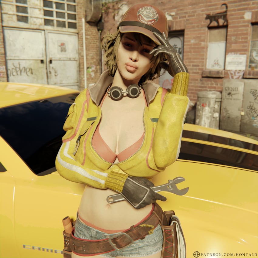 1girls 3d 3d_(artwork) blonde_hair breasts car cindy_aurum cleavage female female_only final_fantasy final_fantasy_xv honta_animation solo